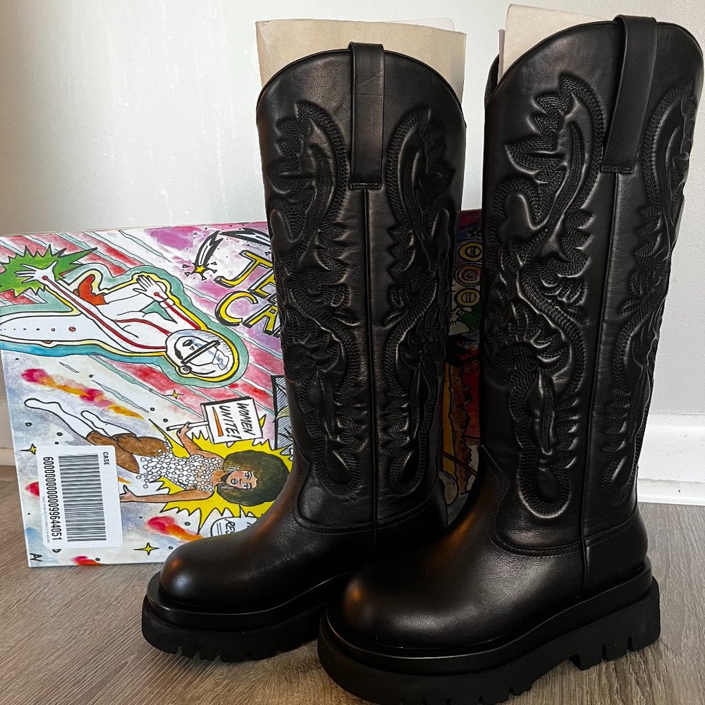 Jeffrey Campbell Black Tall Embroidered Combat Moto Boots